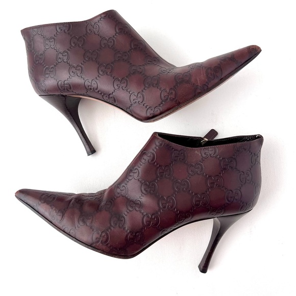GUCCI | Brown Guccissima GG Logo Leather Pointed Toe Stiletto Ankle Booties 7B - Picture 8 of 14